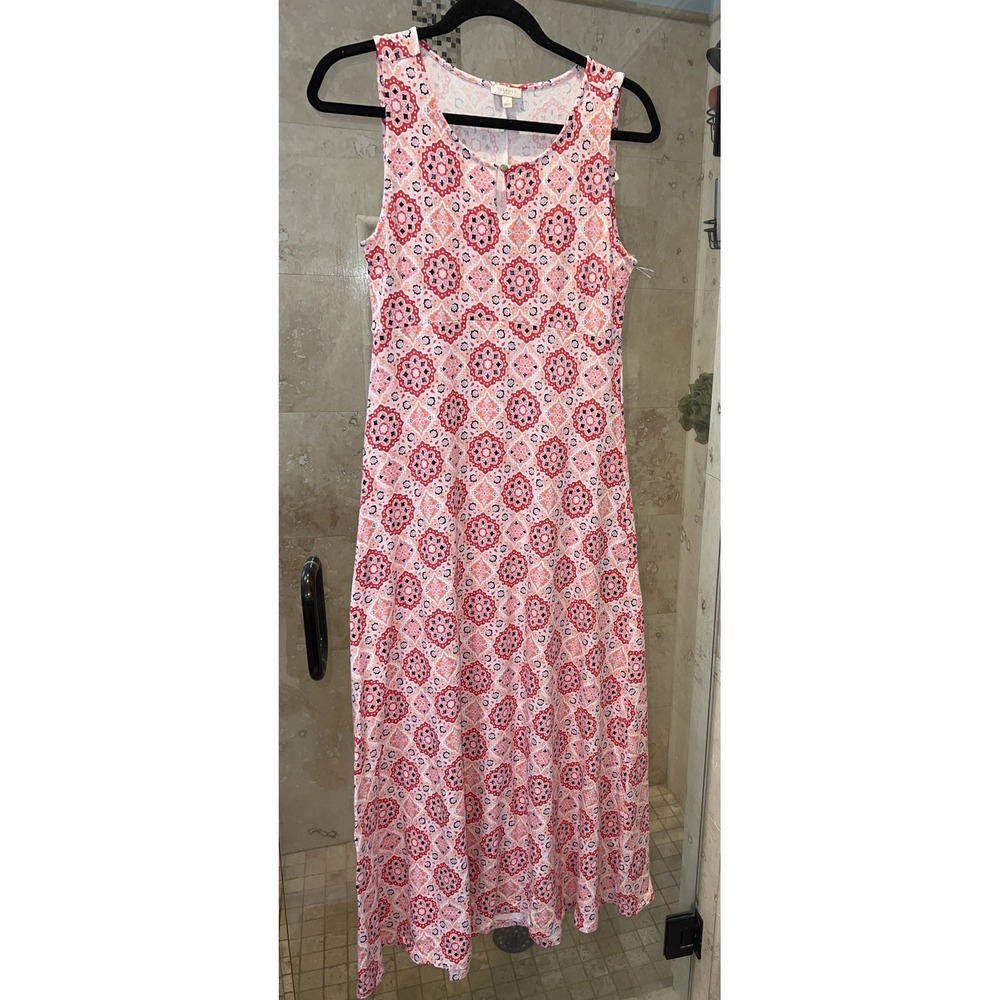 Talbots Women Pink White Geometric Sleeveless Maxi Dress Small Cutout Neck